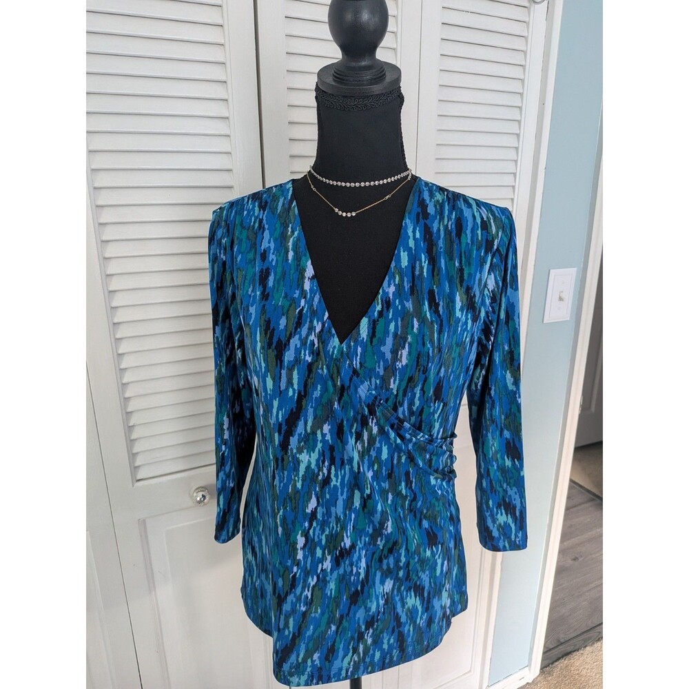 Susan Graver Liquid Knit V-Neck Top Womens S Blue Green Abstract Artsy Surplice